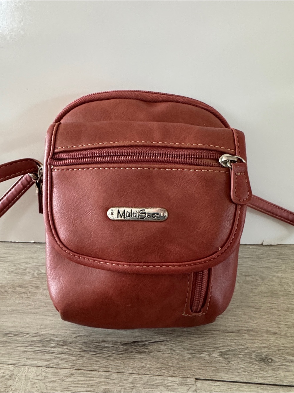 MultiSac Small Brown Crossbody Bag Purse Zip Pockets Lightweight Travel Vegan